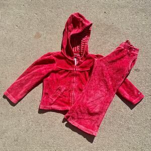 Vintage Y2K Tommy Hilfiger Red Velour Jumpsuit Set 3T Flare Pant Hoodie Zip Up